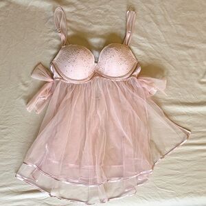 Victoria's Secret Sheer Lace Bust Babydoll Nightdress Light Pink 36b
